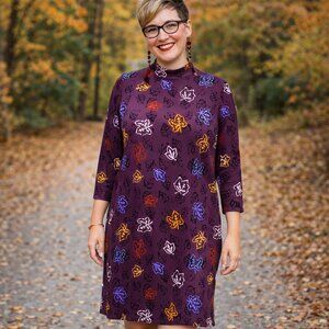 Medium leaf pattern purple dress with 3/4 sleeve & mock neck. Casual Comfy. NWT